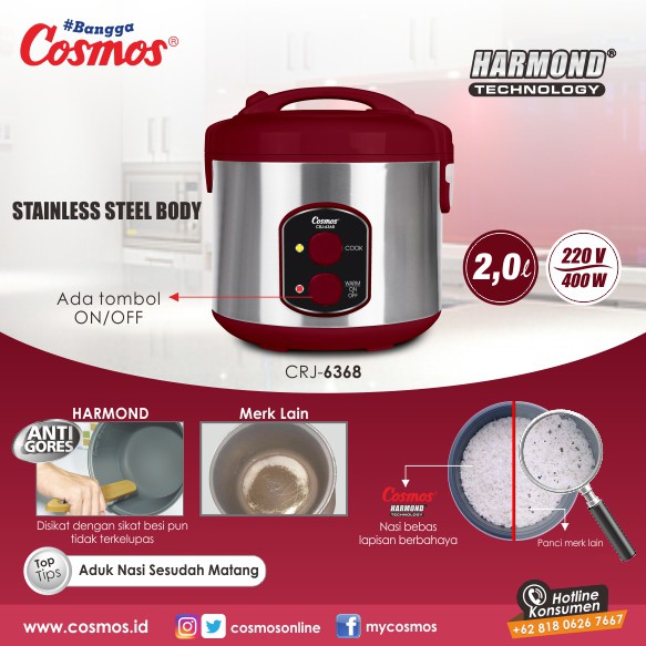 Cosmos CRJ6368 Rice Cooker Harmond / Magic Com 2 Liter 3 in 1 Bonus Gelas Ukur dan Sendok Nasi