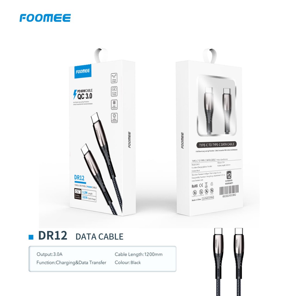 Data Cable FOOMEE DR12 C TO C Fast charger QC3.0 Kabel Data charger FOOMEE C ke C Garansi Resmi