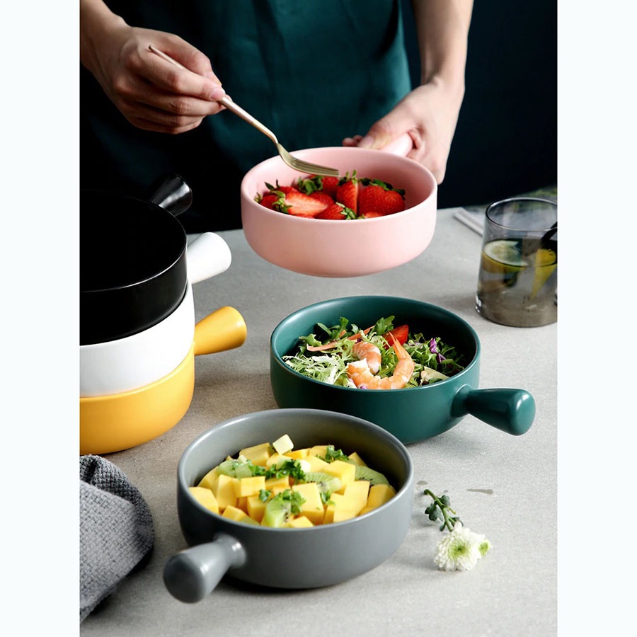 Mangkok Keramik Aesthetic Mangkuk Premium Minimalis Dengan Ganggang Untuk Makanan Tahan Panas Awet Wadah Tempat Plat Untuk Soup Mie Pangang Makanan Buah Bowl Nordic Style 15 cm with Handle Microwave Oven Souvenir Hadiah