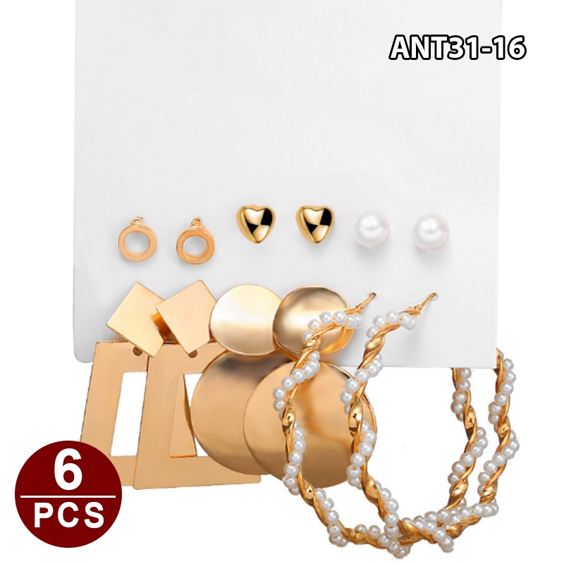 (6Pasang 1set) Anting Wanita korea Tusuk Gantung Desain Geometri Rumbai Alloy fashion import  ANT31-ANT31-16