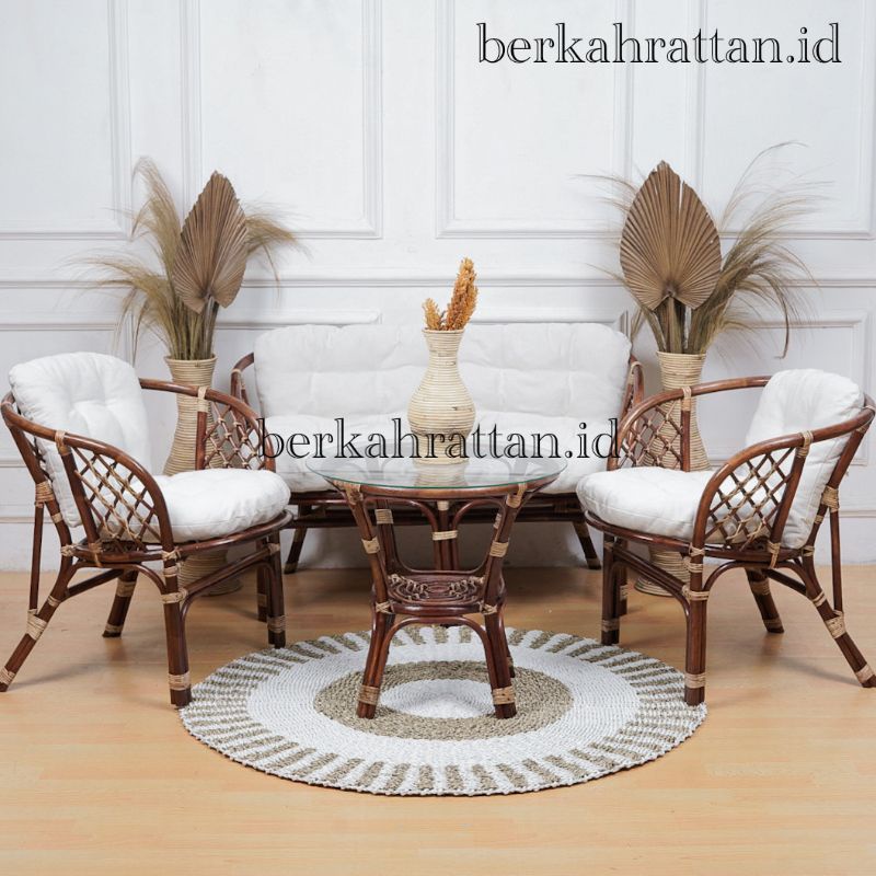 KURSI TAMU BAHAMA ROTAN 1 SET MEJA DAN KACA FINISHING BROWN / KURSI TAMU ROTAN MINIMALIS