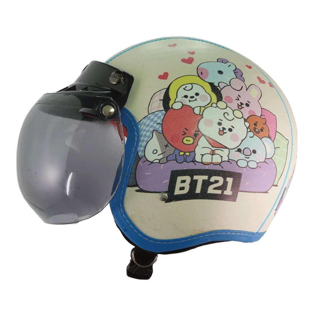 Helm Anak Bogo 2 3 4 5 6 Tahun Retro Junior Motif BT21 Cream Biru