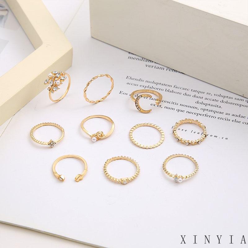 10 Pcs Cincin Berlian Mutiara Bentuk Bulan Bintang Hati Daun Gaya Retro Untuk Wanita