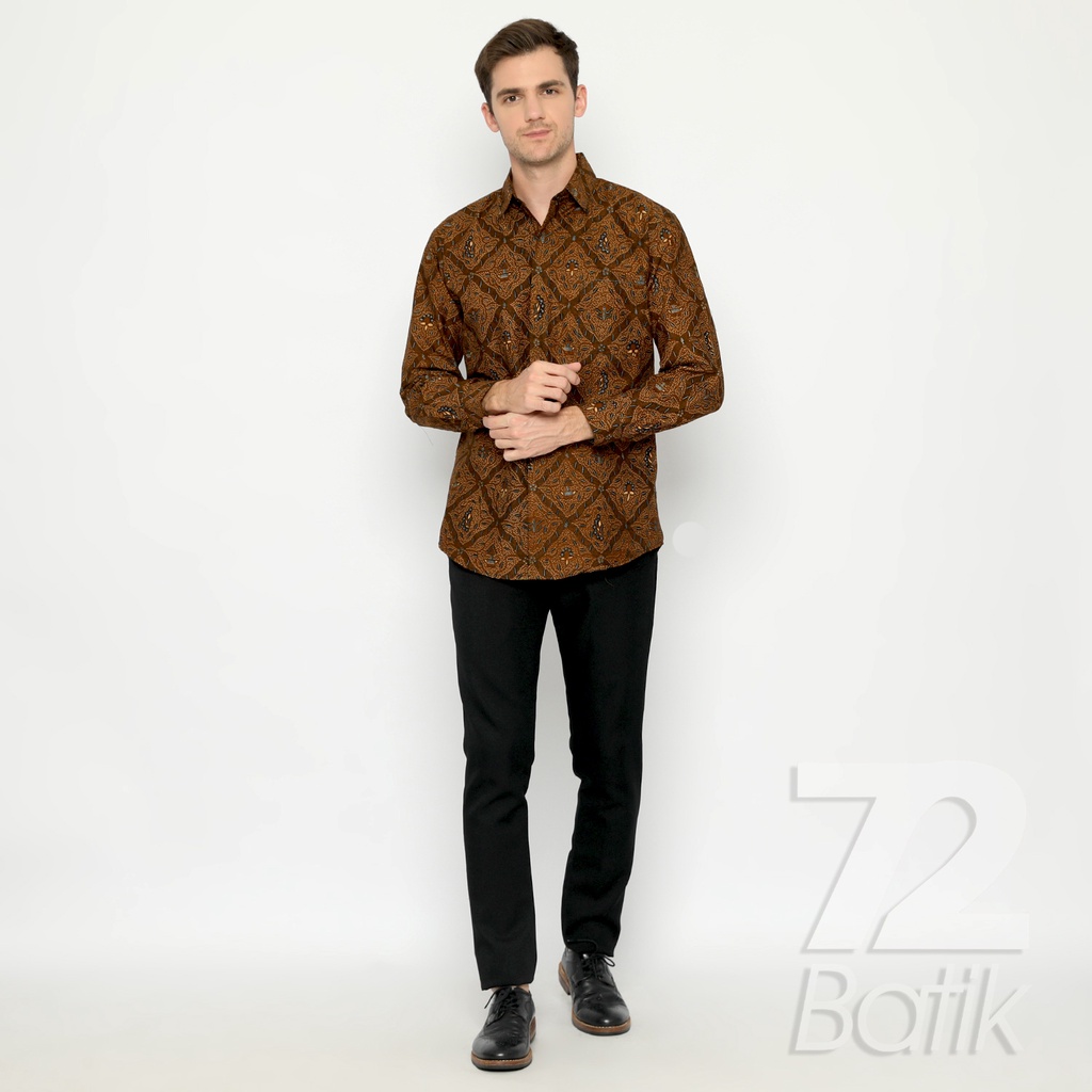 KEMEJA BATIK PRIA Slimfit Lengan Panjang Premium Motif Sidomukti Sogan Klasik Tradisional Jarik Coklat 724251 Cap 72