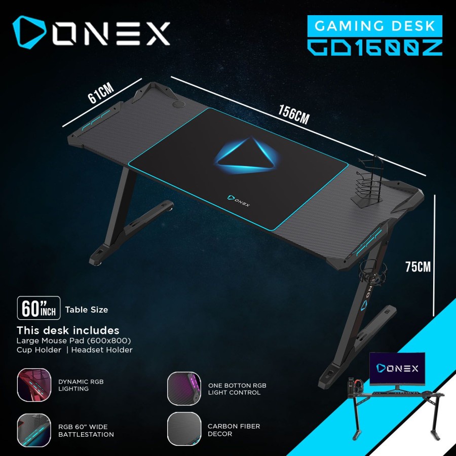 Meja Gaming ONEX GD1600Z RGB Gaming Desk Meja 60&quot; Mousepad Holder Rack Z Leg