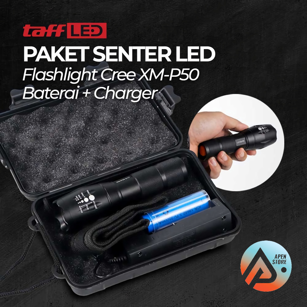 APEN Senter LED Super Terang XM-P50 + Baterai + Charger Original 8000 Lumens Swat Police Cree Laser 