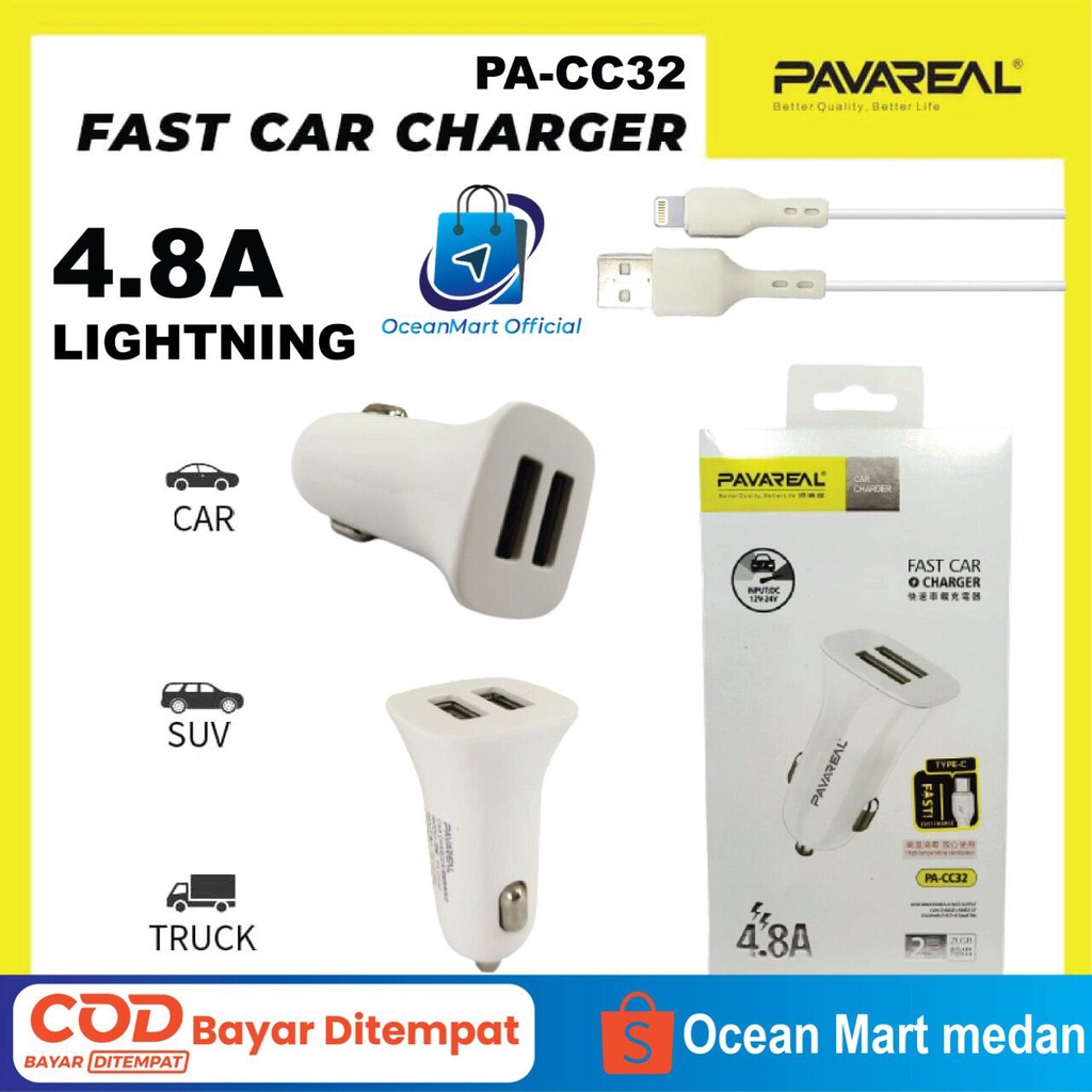 Pavareal Car Charger Mobil PA CC32 USB Lightning Type C Micro 4.8A Kabel Super Fast Charging 2 Port Aksesoris Handphone HP OCEANMART OCEAN MART Murah Grosir