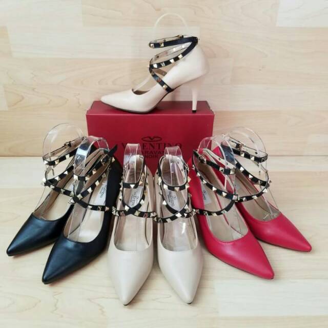 Valentino Garavani Black stripe unique stripe import high quality mirror fashion shoes sepatu wanita