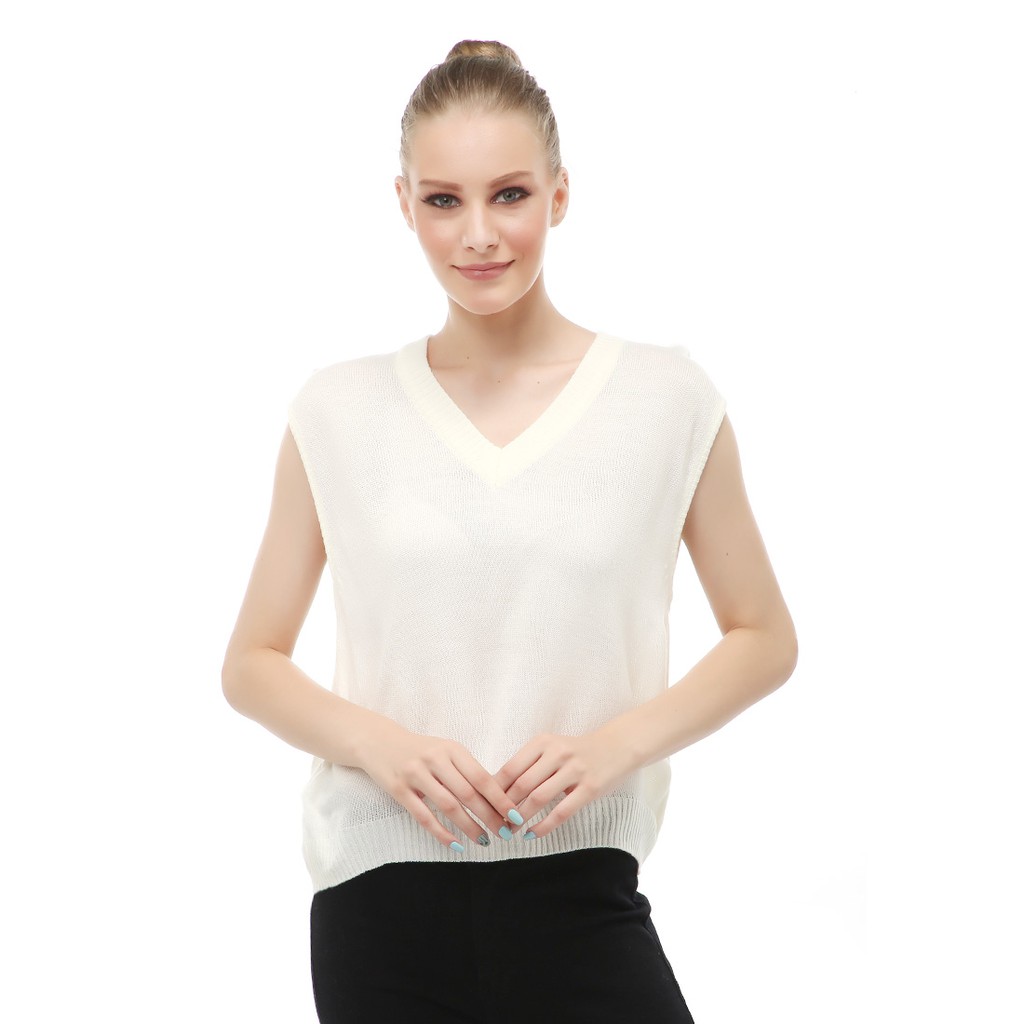 Vest Knit Atasan Wanita Sleeves Kerah V-neck Design Simple - White