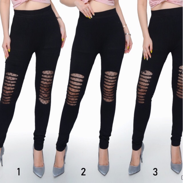 Legging Import Fashion Wanita Kombinasi Brukat Jala Katun Panjang Pendek 7/8 Fit Jumbo