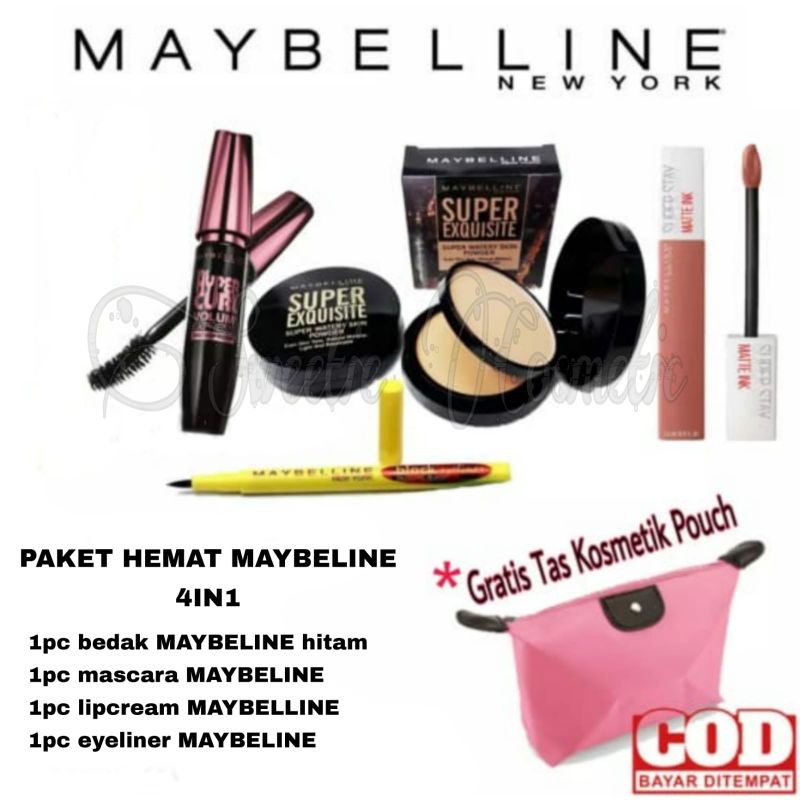 Paket Kosmetik Maybelline Lengkap Murah 5 In 1 - Paket Makeup Maybelline Lengkap Murah / PAKET LENGKAP MYBELINE 4 IN 1 [ bdkhitam, lipcream, mascara, eyeliner, piva ]