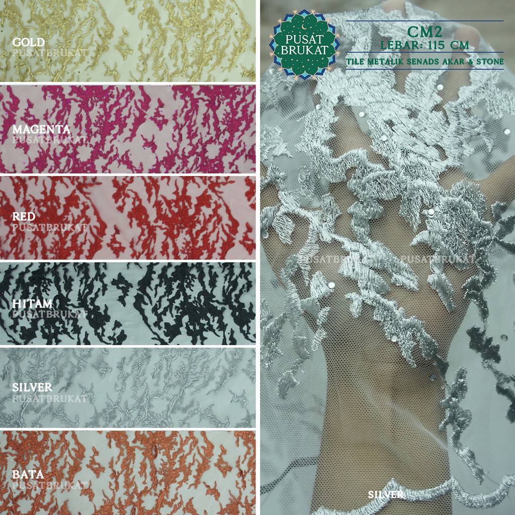 KAIN BRUKAT TILE AKAR / KAIN BROKAT TULLE SEMI PRANCIS METALIK AKAR &amp; STONE - CM2 -  [harga per 0.5m