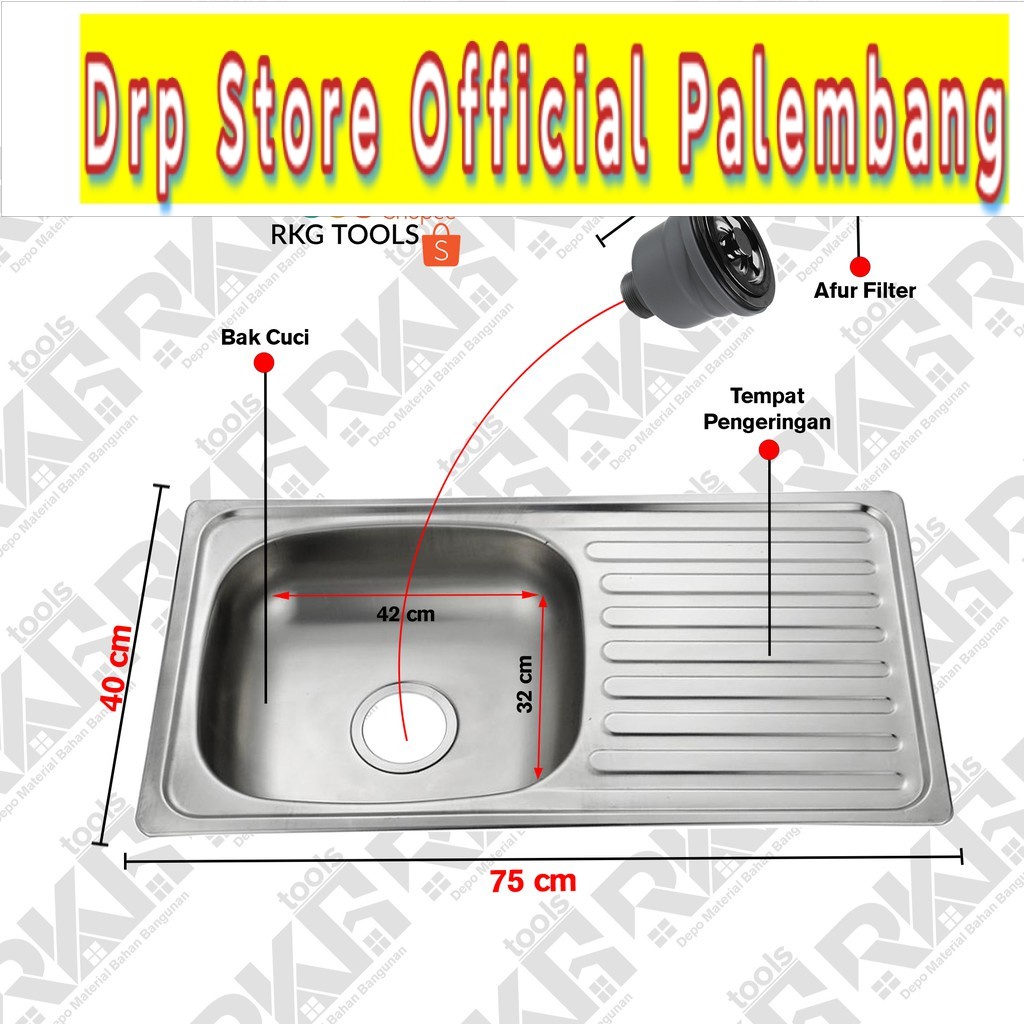 Bak Cuci Piring Stainless 75 x 40cm &amp; Saringan Dapur / Kran Cuci