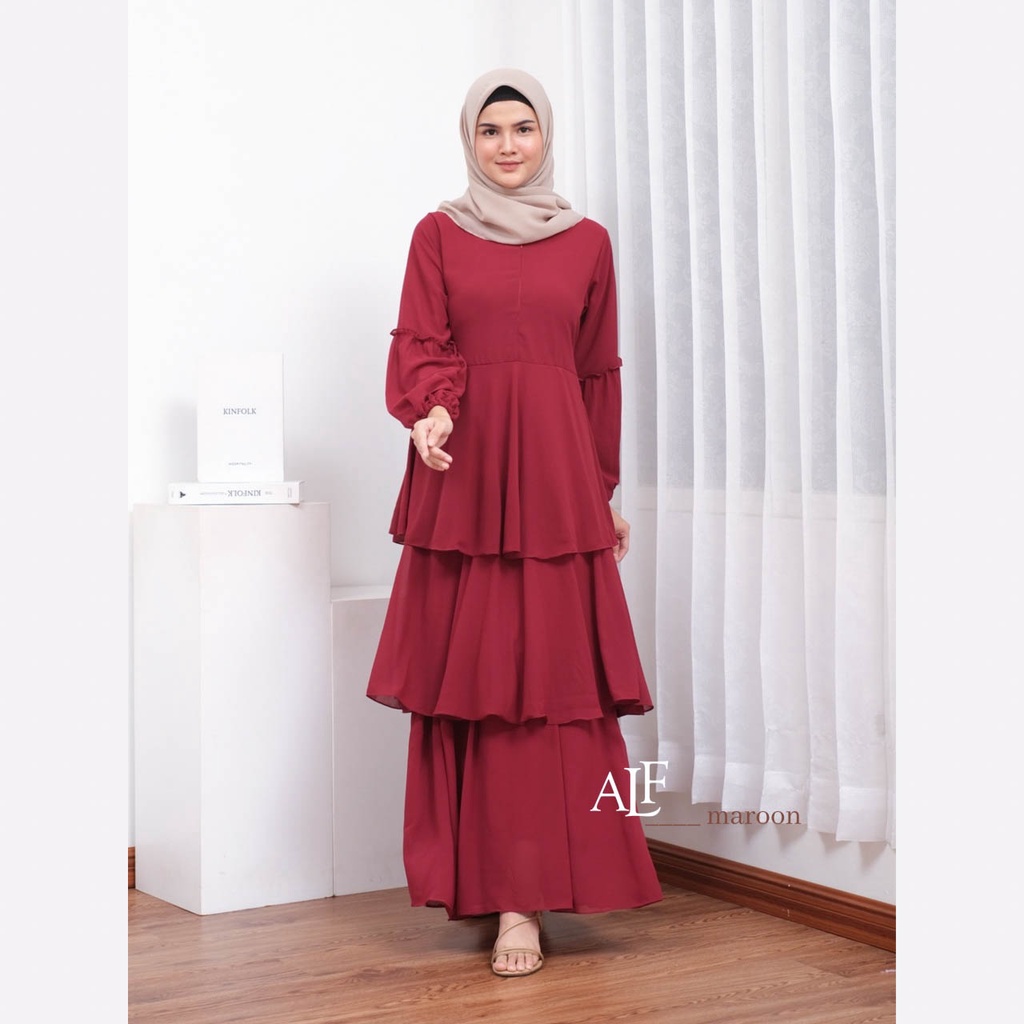 Jelita Dress Maroon by Alfaina Gamis Susun Ceruty Babydoll