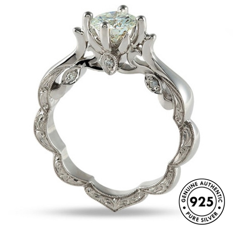 Cincin Sterling Silver 925 Elegan Dengan Ukiran + Berlian Untuk Wanita