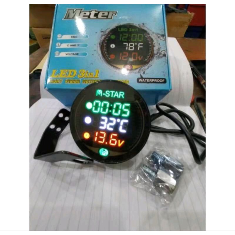 Voldmeter Digital New 3in 1 Night Vision LED motorCycle Voldmeter+Jam+Suhu Digital PNP universal mtr