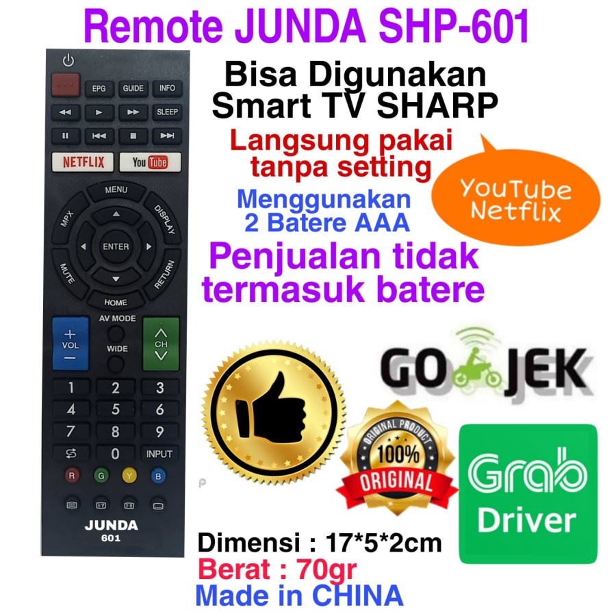 REMOTE REMOT JUNDA 601/602 COCOK DI TV LED SHARP AQUOS SMART TV ANDROID