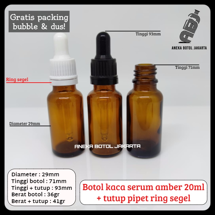 Botol kaca serum amber 20ml pipet tetes ring segel