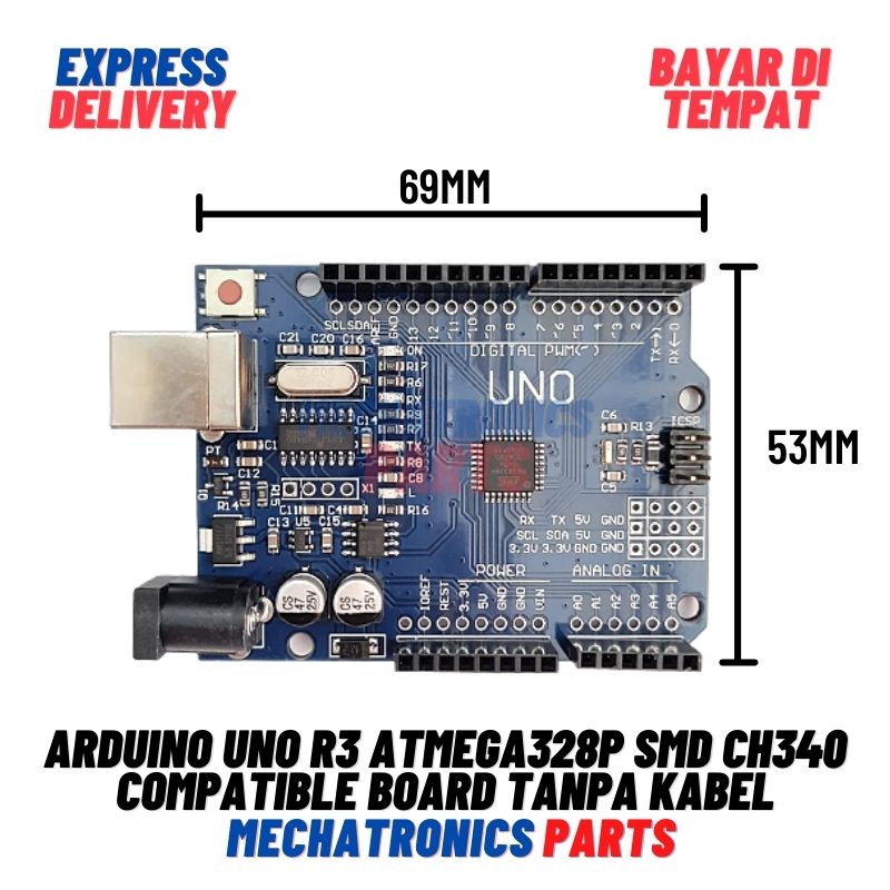 ARDUINO UNO R3 ATMEGA328P SMD CH340 COMPATIBLE BOARD TANPA KABEL