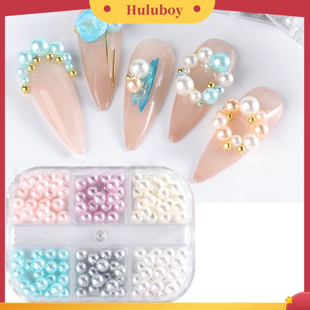 Huluboy Huluboy♡ 1 Kotak Manik-Manik Mutiara Imitasi 3D Bahan ABS Warna-Warni Untuk Dekorasi Nail Art