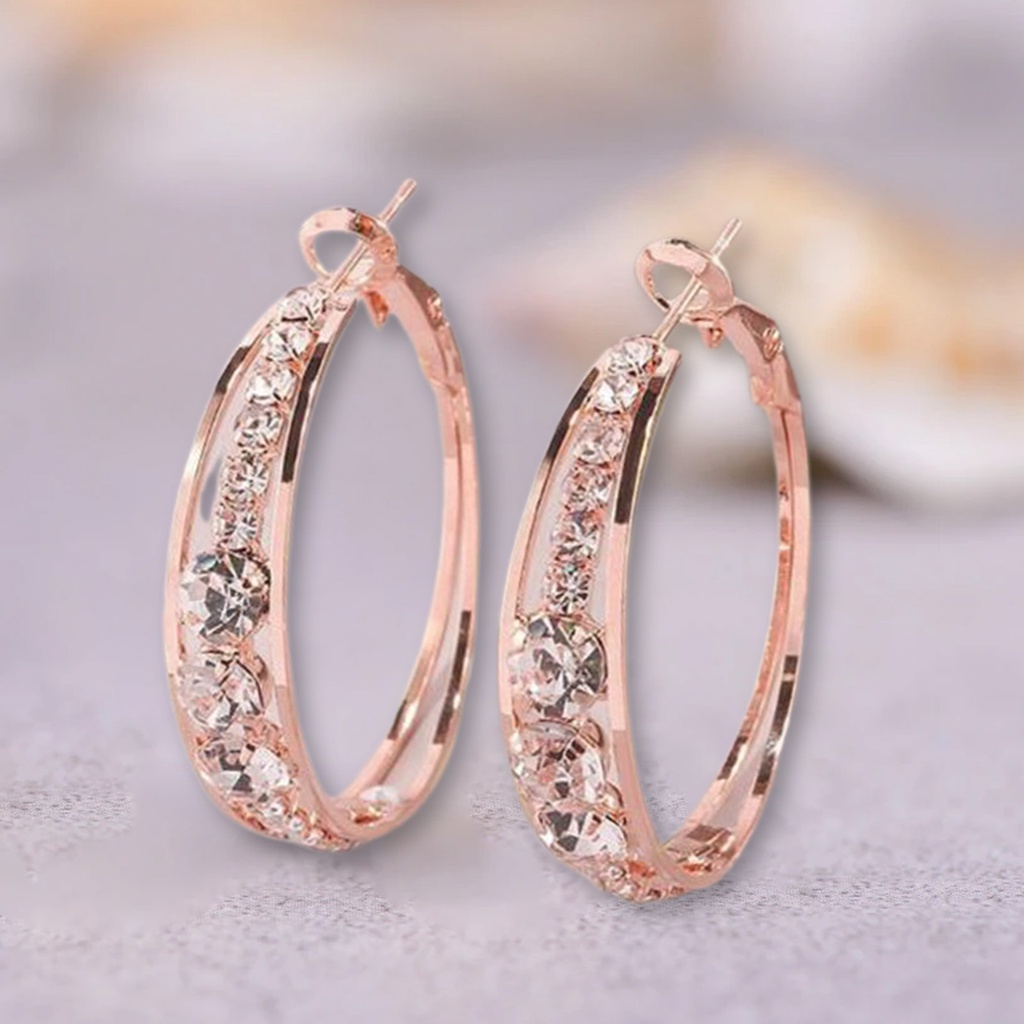 Hu Hu Hu Hu Hu Alat Bantu Pasang Kacamata♡ 1 Pasang Anting Hoop Berlian Imitasi Bentuk Lingkaran Warna Rose Gold Untuk Wanita