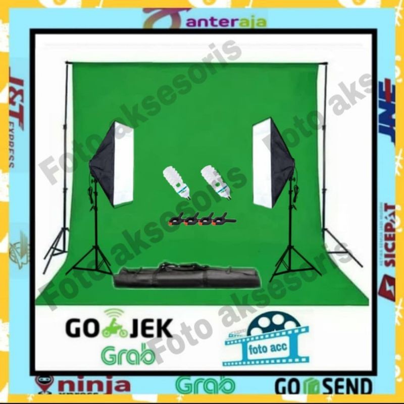 green screen dengan stand dan lighting duble softbox includ lampu 45 watt