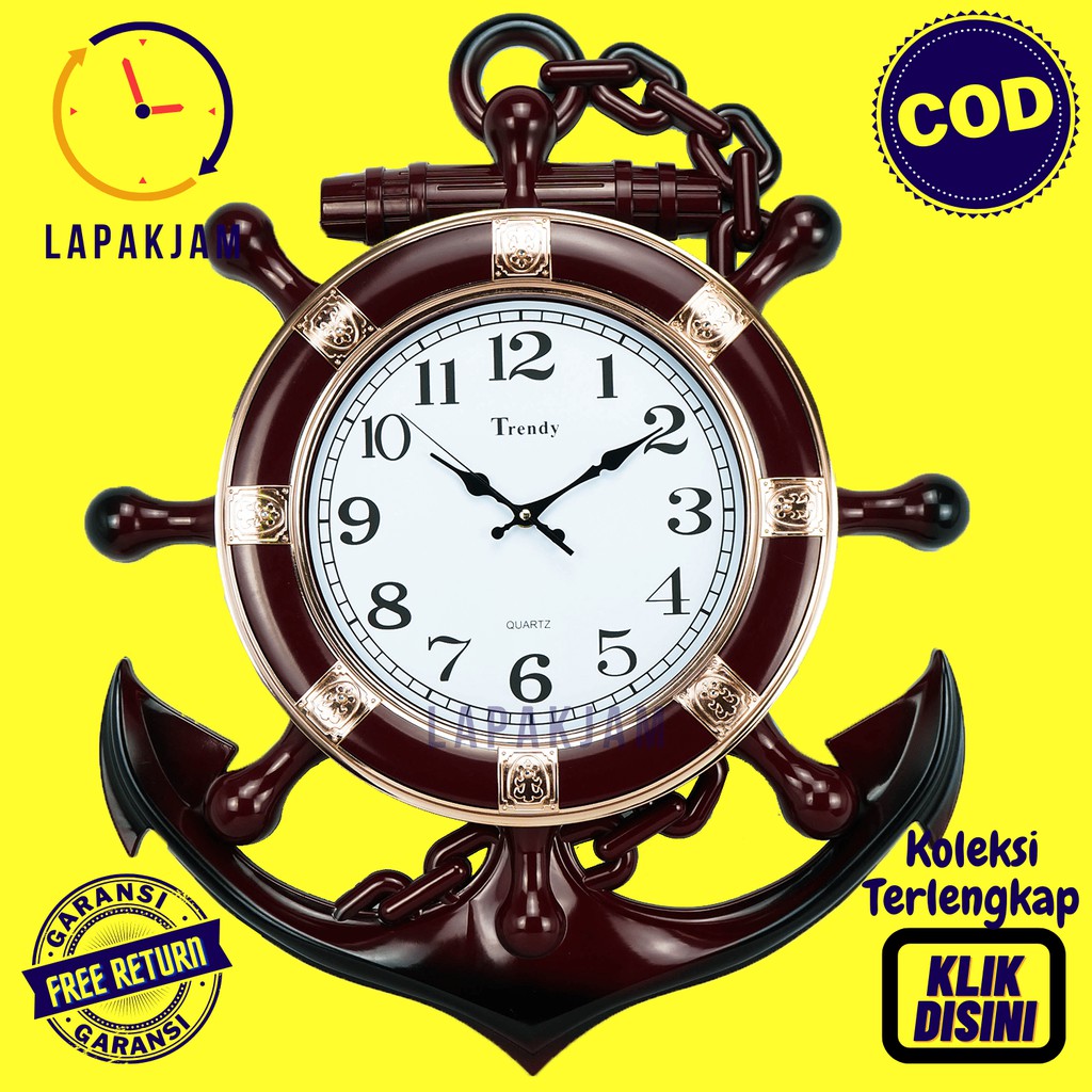 Jam Dinding Quartz Dekorasi Kamar Jangkar Kemudi Kapal Unik Besar Trendy 7595 Jangkar Maroon Keren