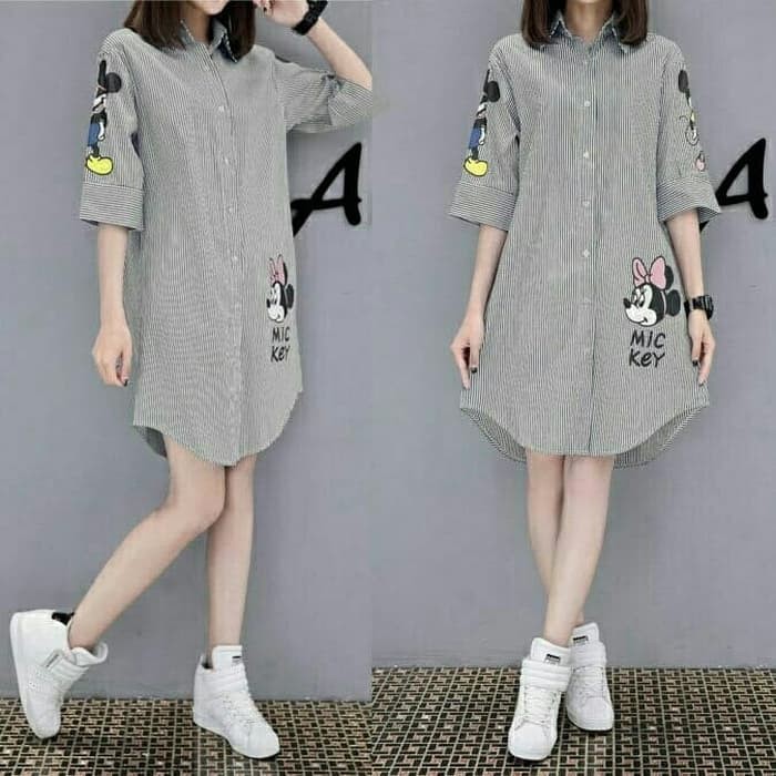 KEMEJA WANITA PAKAIAN KEKINIAN BAJU HEM CEWEK CASUAL PEREMPUAN LONG HEM SALUR MINNIE