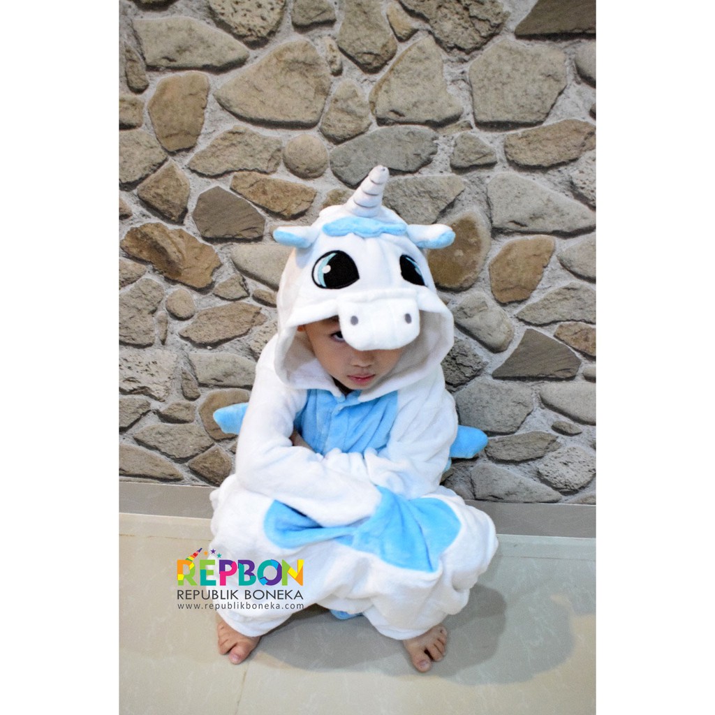 BAJU ONESIE UNICORN BIRU FLUFFY PINK BLUE PIYAMA KOSTUM PESTA ANAK COSPLAY