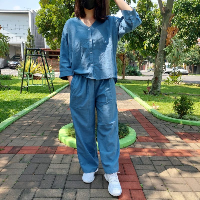 Faith Set / loungewear / setelan wanita panjang linen crinkle