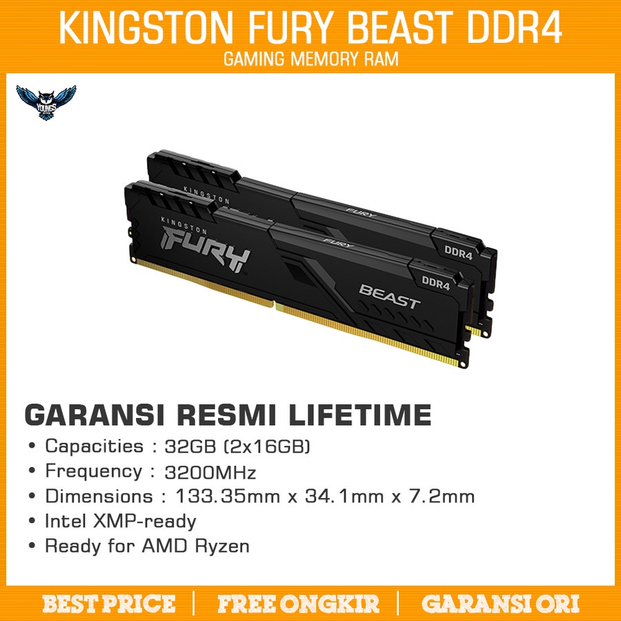 Ram Kingston Fury Beast 32GB KIT 3200 (16GBx2) DDR4 Black PC 3200MHz