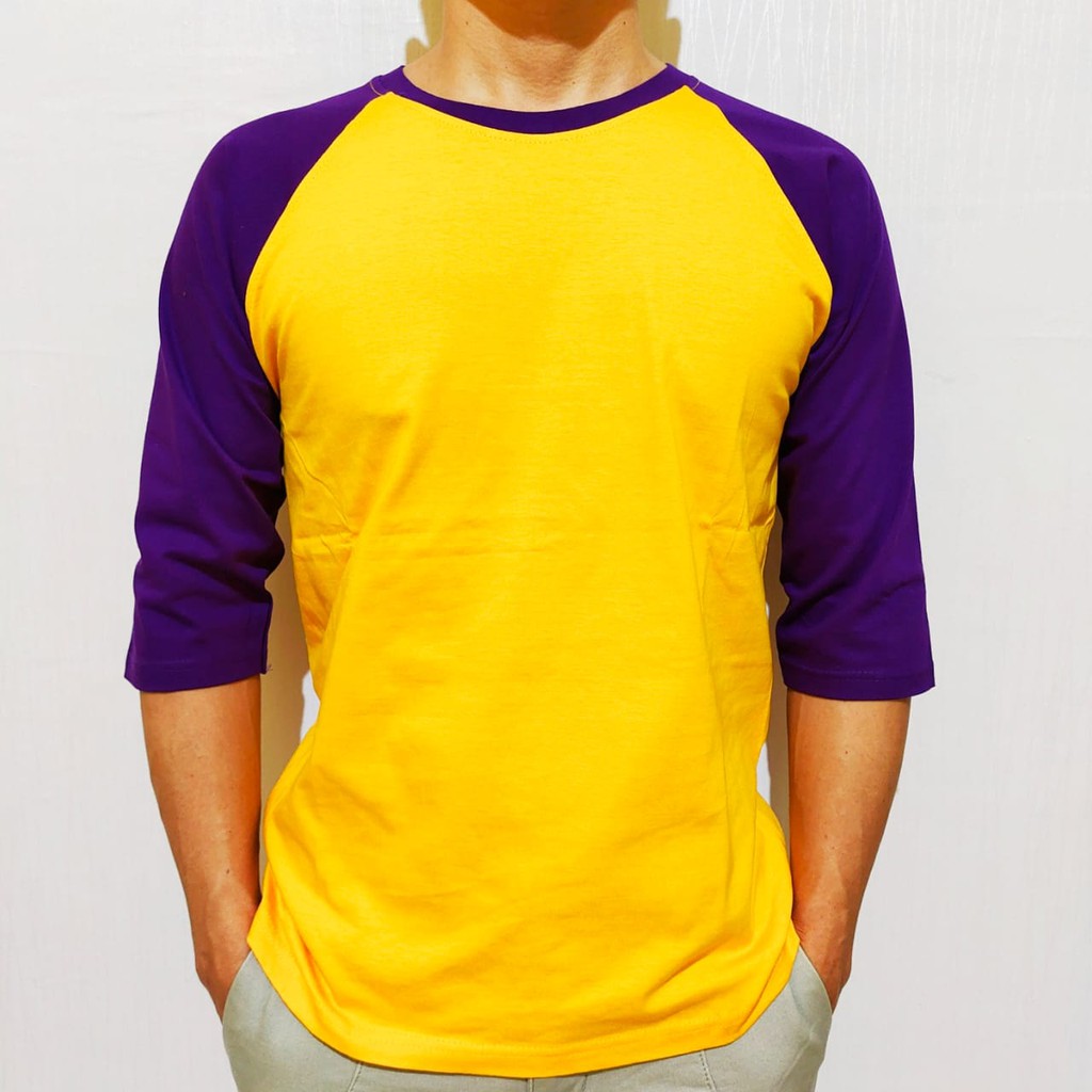 Kaos Polos Reglan Kuning Lengan Ungu 3/4 size 20 22 S M L XL XXL
