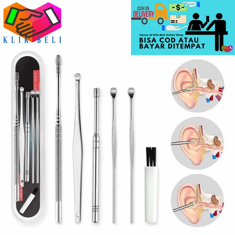 Pembersih Telinga Alat Korek Kuping Ear Wax Stainless Steel Set 6 Pcs + Kuas