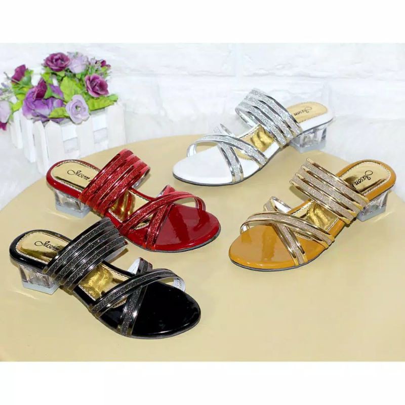 Sandal Hak Kaca Anak Perempuan Glosy Tali Silang Chunky Heels 3 Cm Sendal Sepatu Anak Cewe Murah GLS