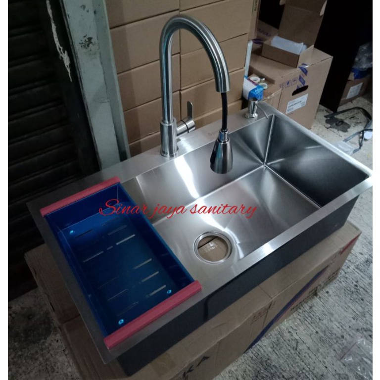 Paket kitchen sink 8050 kran tarik panas dingin stainless / Paket bak cuci piring satu lobang 8050