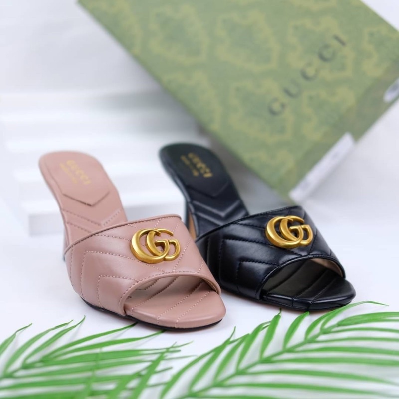 Sepatu Sendal Kulit Hak Tinggi Wanita GC Leather Sandals High Heels 5cm Premium Import Hitam Black C