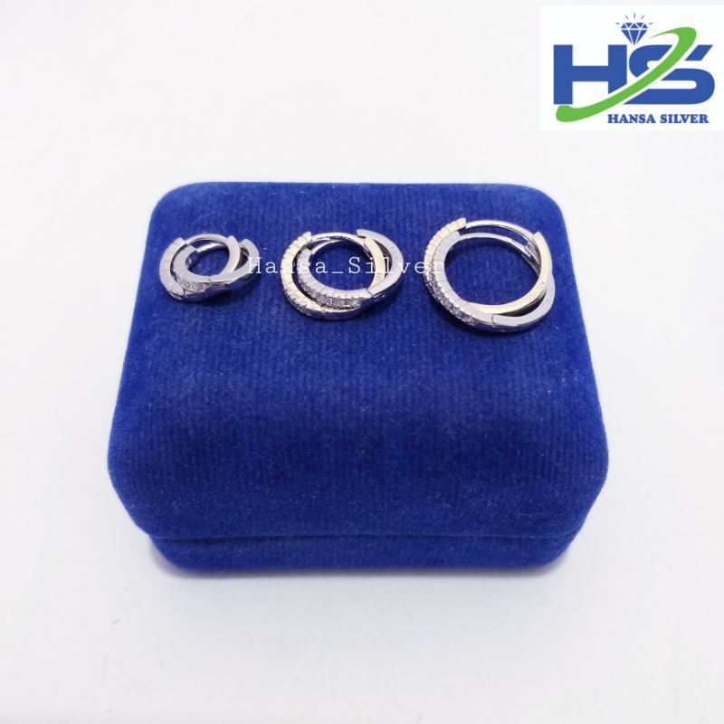 Anting Perak Asli Silver 925 Lapis Emas Putih Model Jepit Bulat Satu Baris Permata - Anting Wanita Anti Karat