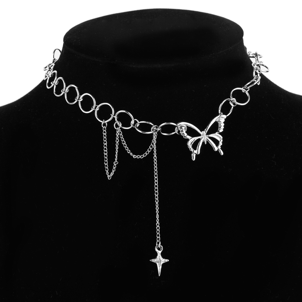 Kalung Choker Desain Kupu-Kupu Bahan Alloy Warna Silver Gaya Hip Hop Punk Gothic