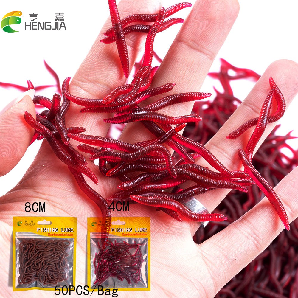 Hengjia 50pcs / Set Umpan Pancing red Earthworm Fishing Lure Bentuk Cacing Tanah Imitasi Ukuran Soft Baits 4cm / 8cm Fake Baits