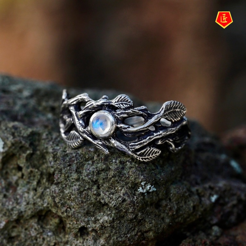 [Ready Stock]Moonstone Black Silver Twigs Ring Retro Simple