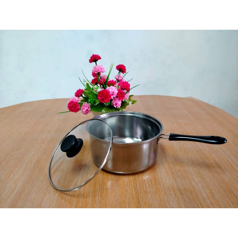 Panci susu masak mie stainless tutup kaca 16cm