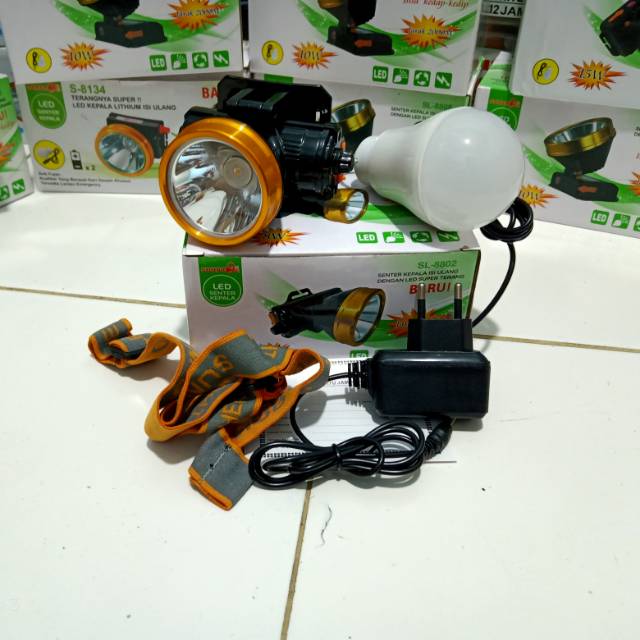 Senter Kepala Cas Sunpro 8 Watt SL-8802 Senter LED Super Terang Jarak Jauh Bonus Bohlam