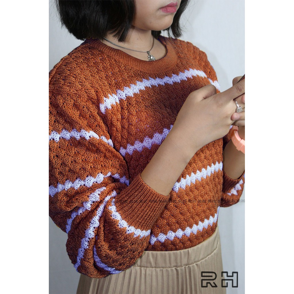 RAJUT SWEATER POPCORN STRIP / SWEATER WANITA NANAS STRIP / SWEATER WANITA KEKINIAN