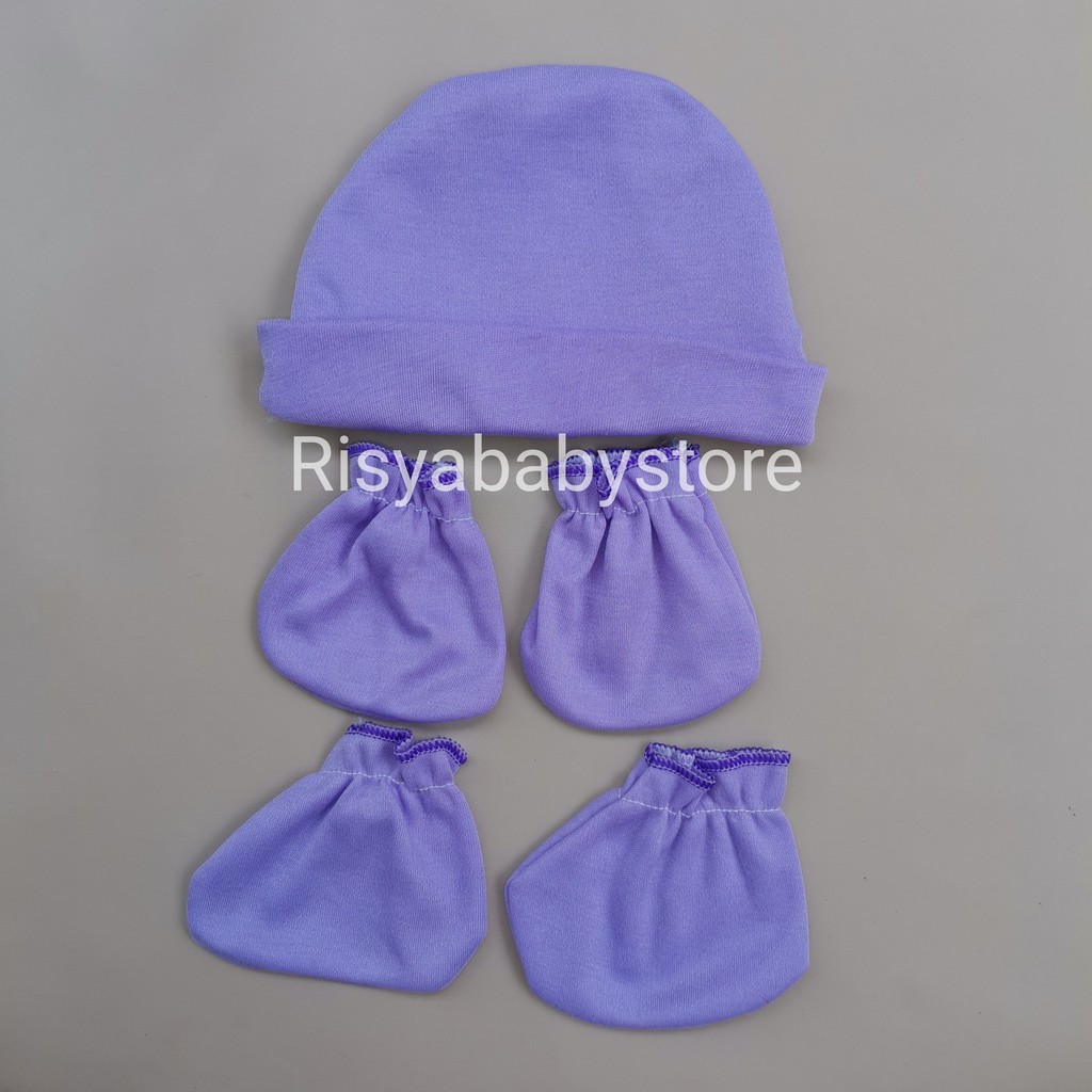 Topi set sarung tangan kaki bayi warna polos new born | Risyababy collection