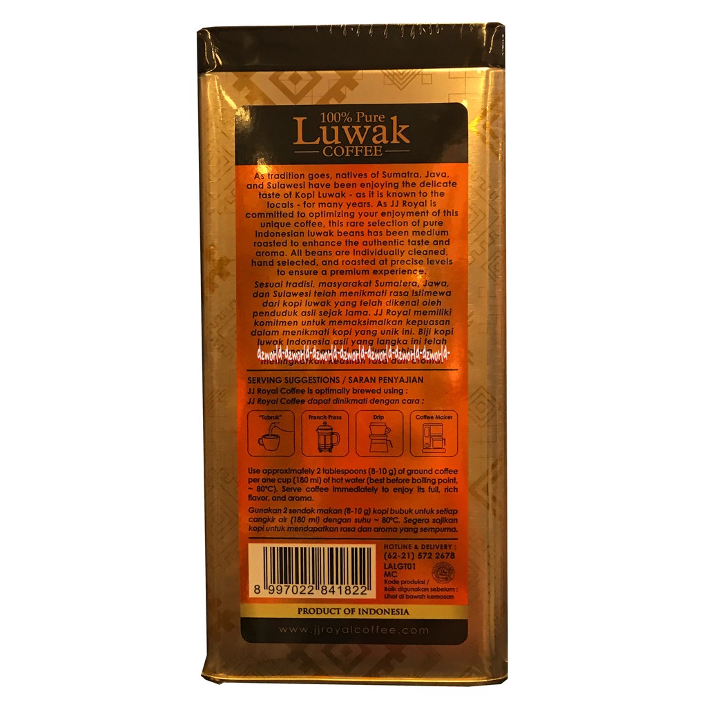 JJ Royal 100% Pure Luwak 100gr Ground Coffee Kopi Bubuk Murni Kemasan Kaleng Biru Orange Jjroyal Loewak