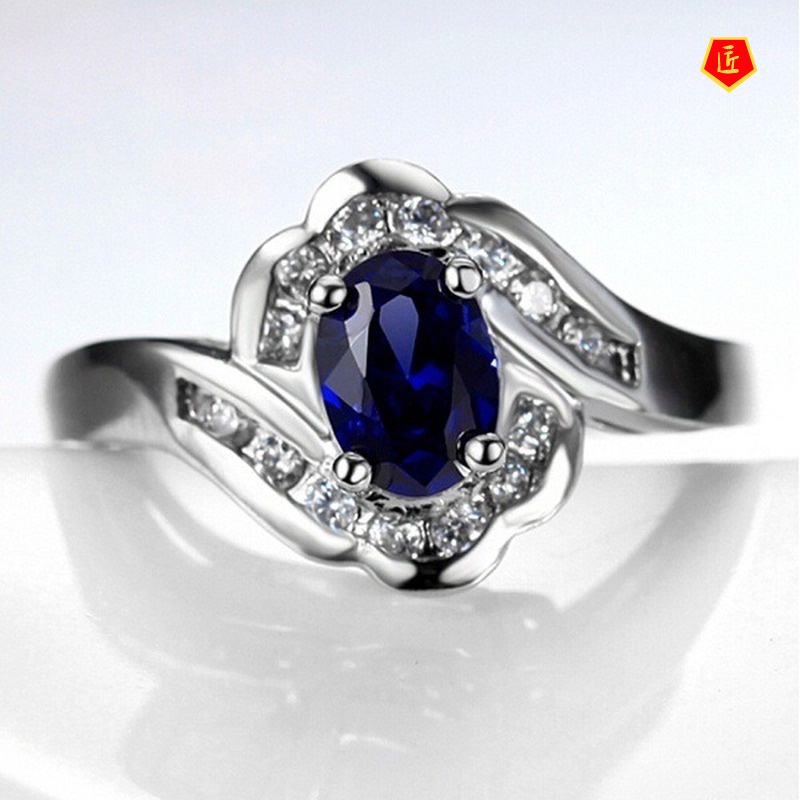 [Ready Stock]Dark Blue Gem Micro Inlaid with Diamond Ring 925 Silver Elegant Personality