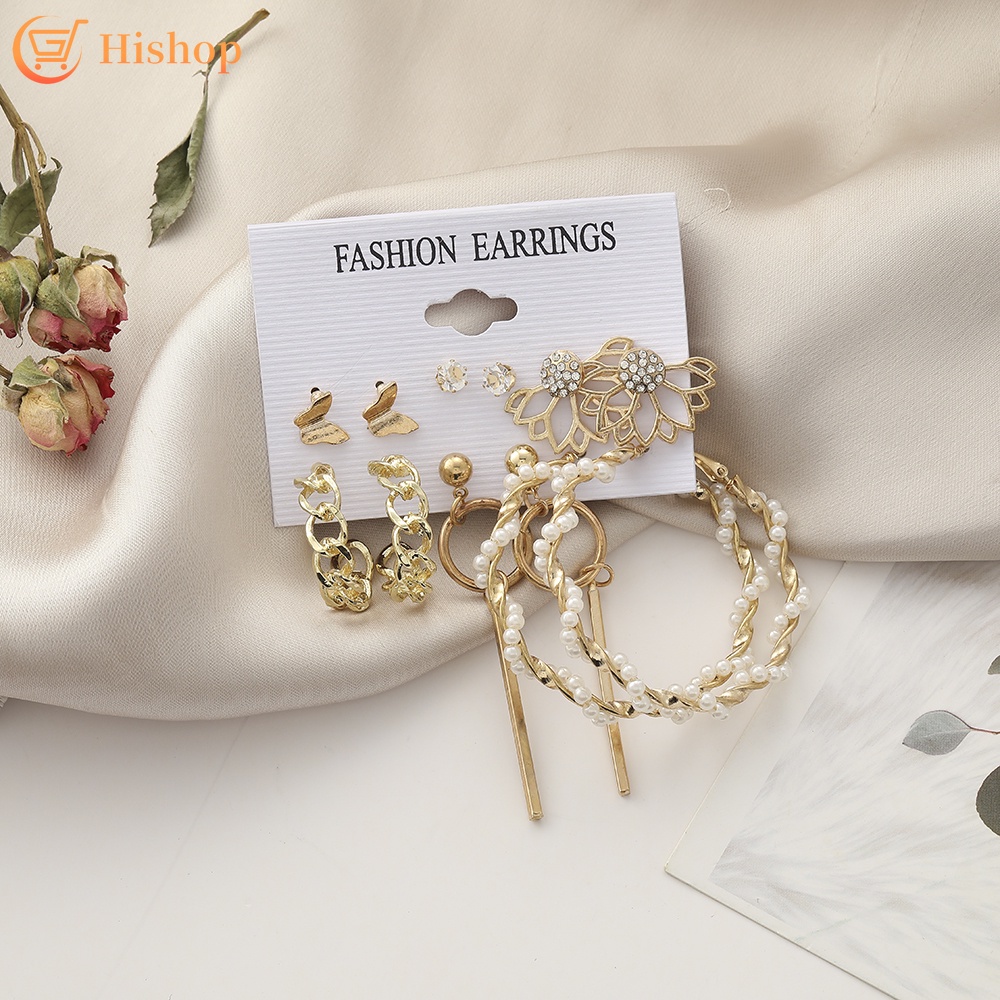 6 Pasang / Set Anting Tusuk Bentuk Kupu-Kupu Hias Mutiara + Kristal Untuk Wanita