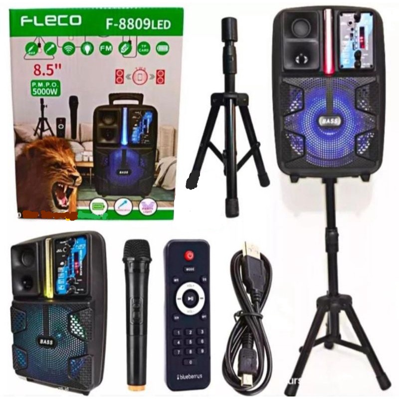 TERBARU speaker bluetooth karaoke 8,5 inch mic wireless x bass radio fm 5000watt LED xtra bass Best Qualiity wireless microphone cas rechargeable super bass tripod speaker fleco f8606/ F8801/ F 6011/ 8809Tripod/ f8806Tripod/FLECO T690