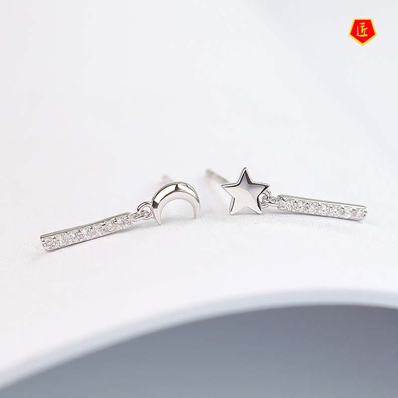 [Ready Stock]S925 Silver Small Star and Moon Ear Studs Simple Graceful