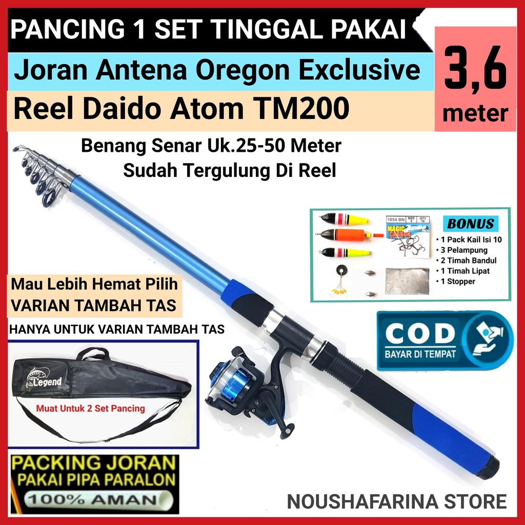 Pancing 1 set joran merk OREGON EXCLUSIVE panjang 360 cm / 3,6 meter - Reel Daido Atom TM200 4BB